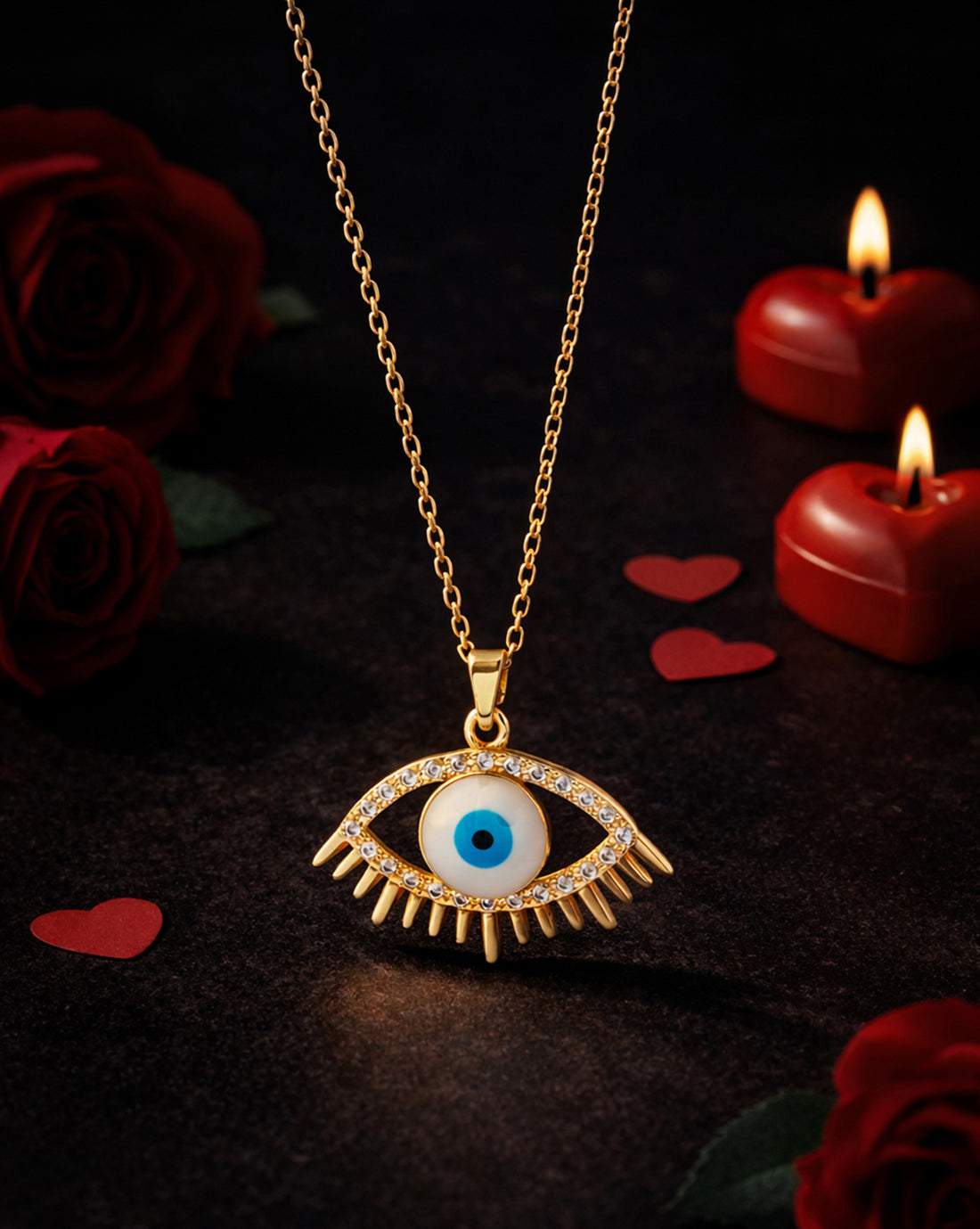 Gold Plated CZ Evil Eye Enamel Pendant and Chain