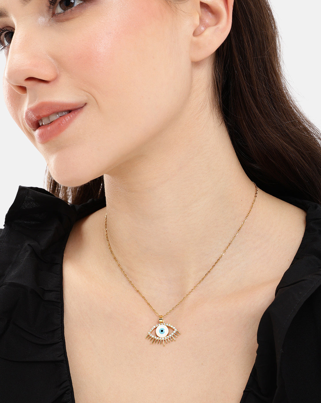 Gold Plated CZ Evil Eye Enamel Pendant and Chain