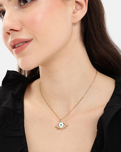Gold Plated CZ Evil Eye Enamel Pendant and Chain