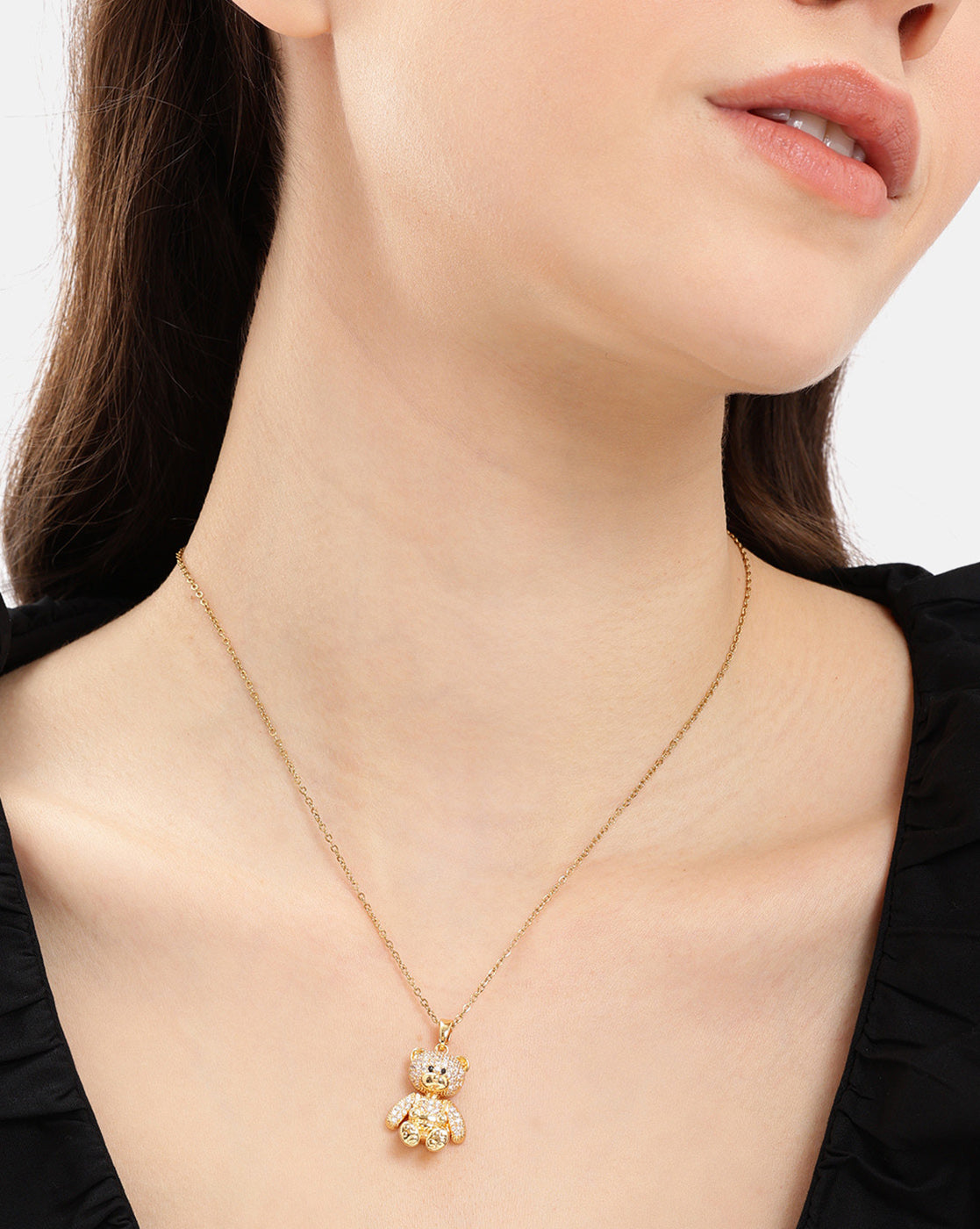 Gold Plated CZ Teddy Bear Pendant and Chain