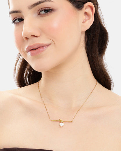 Gold Plated Dangling Bar and Pearl Necklace