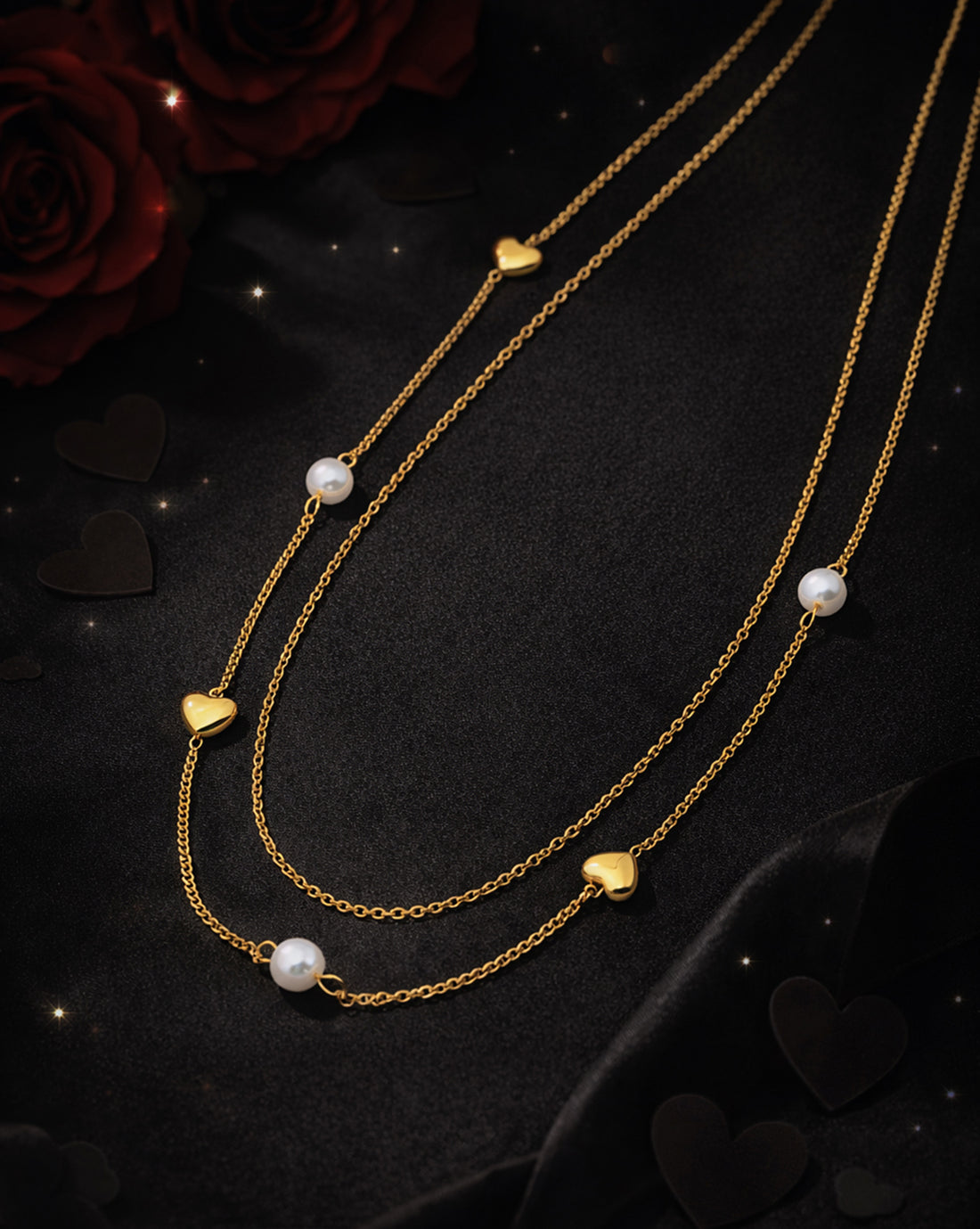 Gold Plated Heart and Pearl Charm Layered Necklace