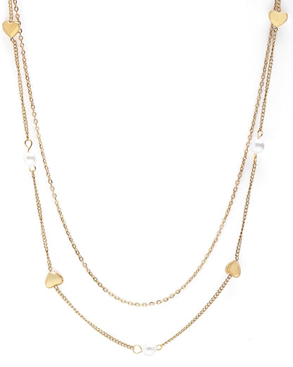Gold Plated Heart and Pearl Charm Layered Necklace