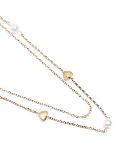 Gold Plated Heart and Pearl Charm Layered Necklace