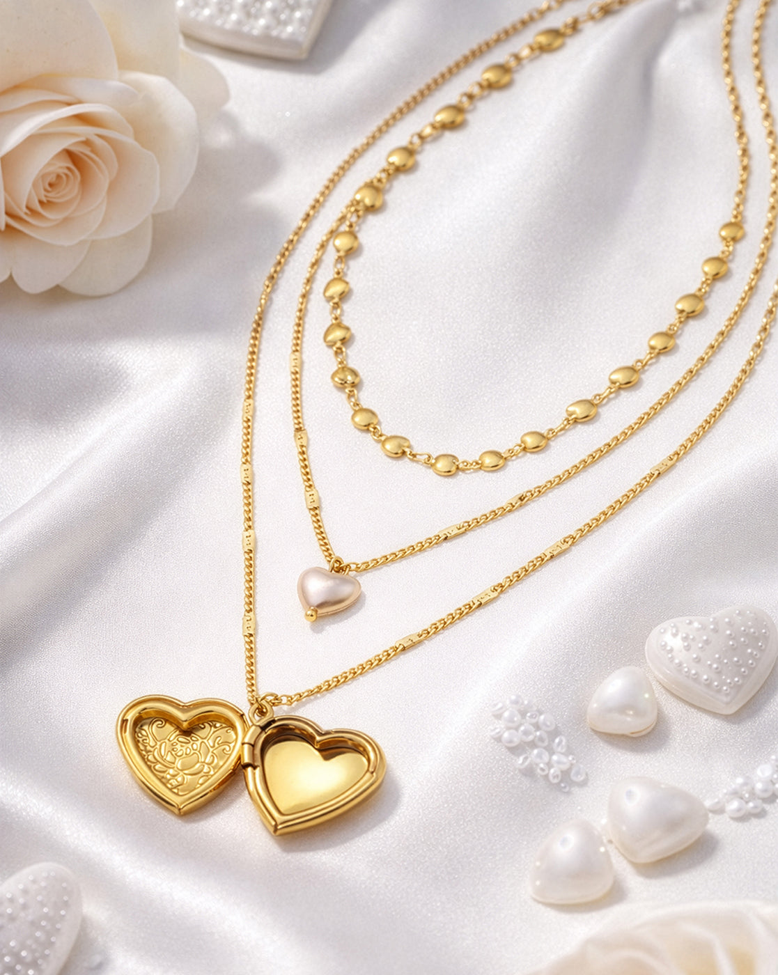 Rose Gold Plated Pearl Dangling Openable Heart Layered Necklace