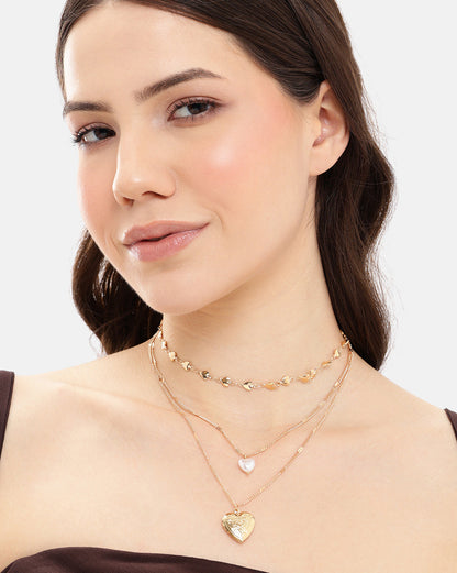 Rose Gold Plated Pearl Dangling Openable Heart Layered Necklace