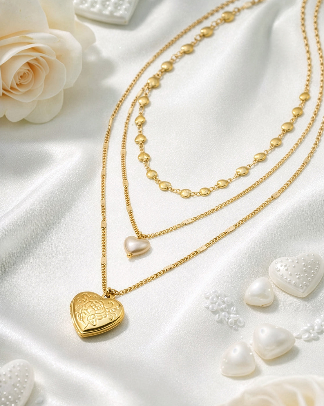 Rose Gold Plated Pearl Dangling Openable Heart Layered Necklace