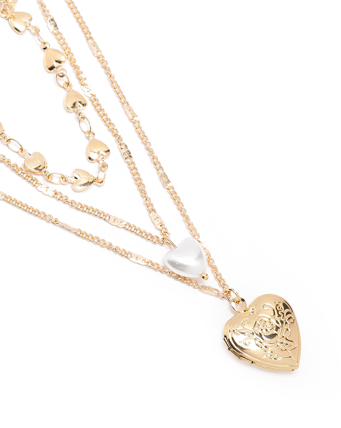 Rose Gold Plated Pearl Dangling Openable Heart Layered Necklace