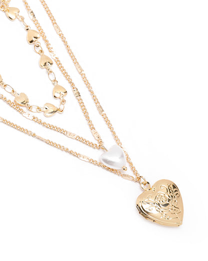 Rose Gold Plated Pearl Dangling Openable Heart Layered Necklace