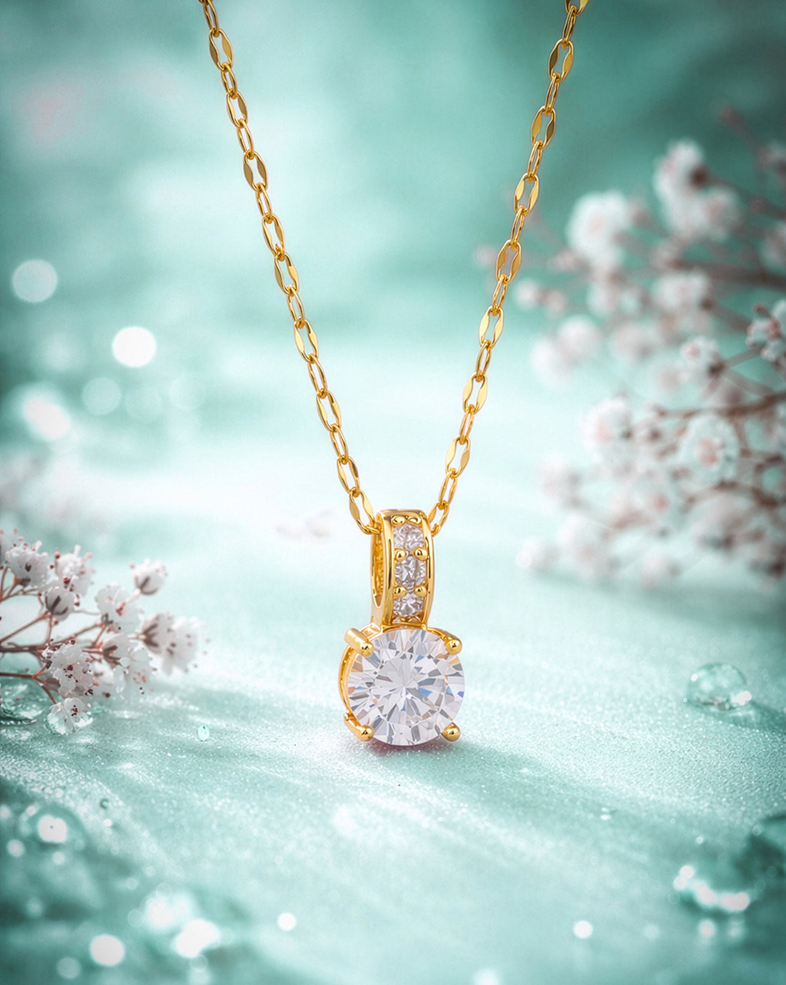 Gold Plated CZ Solitaire Pendant and Chain
