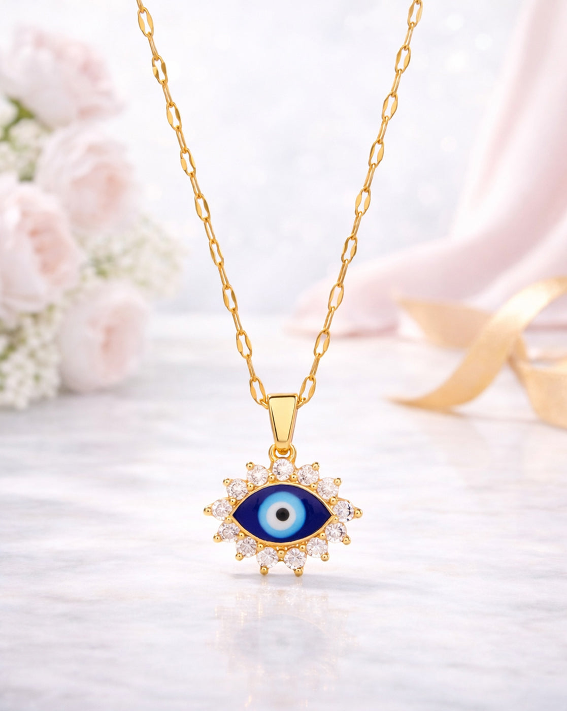 Gold Plated CZ Evil Eye Pendant and Chain