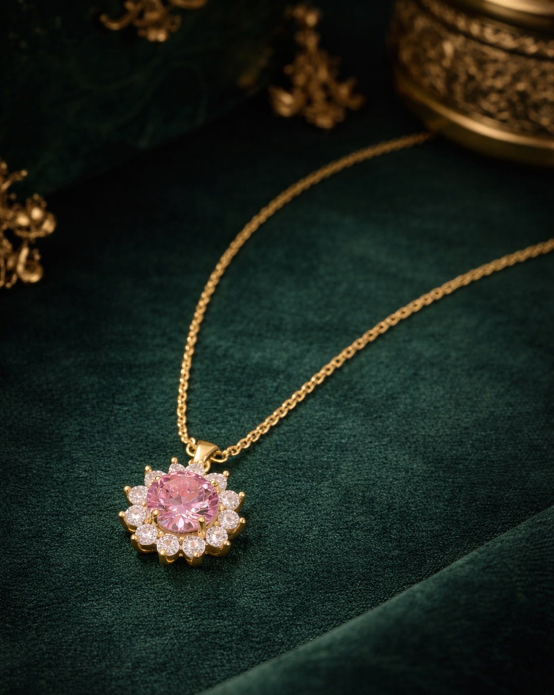 Gold Plated Pink CZ Floral Pendant and Chain