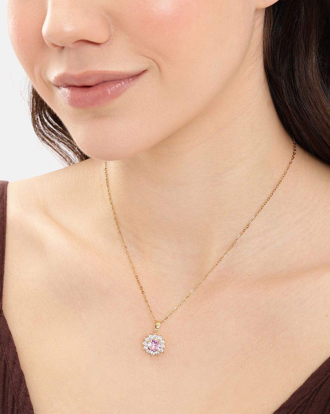 Gold Plated Pink CZ Floral Pendant and Chain