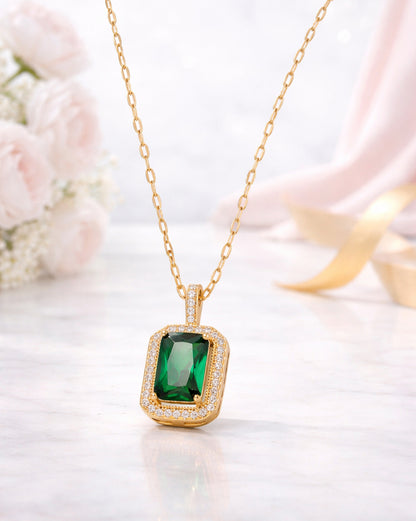 Gold Plated Green CZ Square Pendant and Chain
