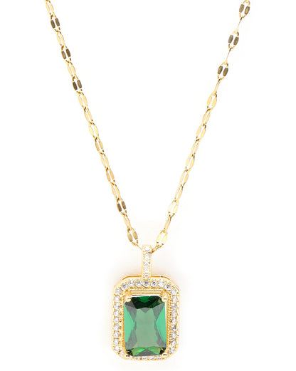 Gold Plated Green CZ Square Pendant and Chain