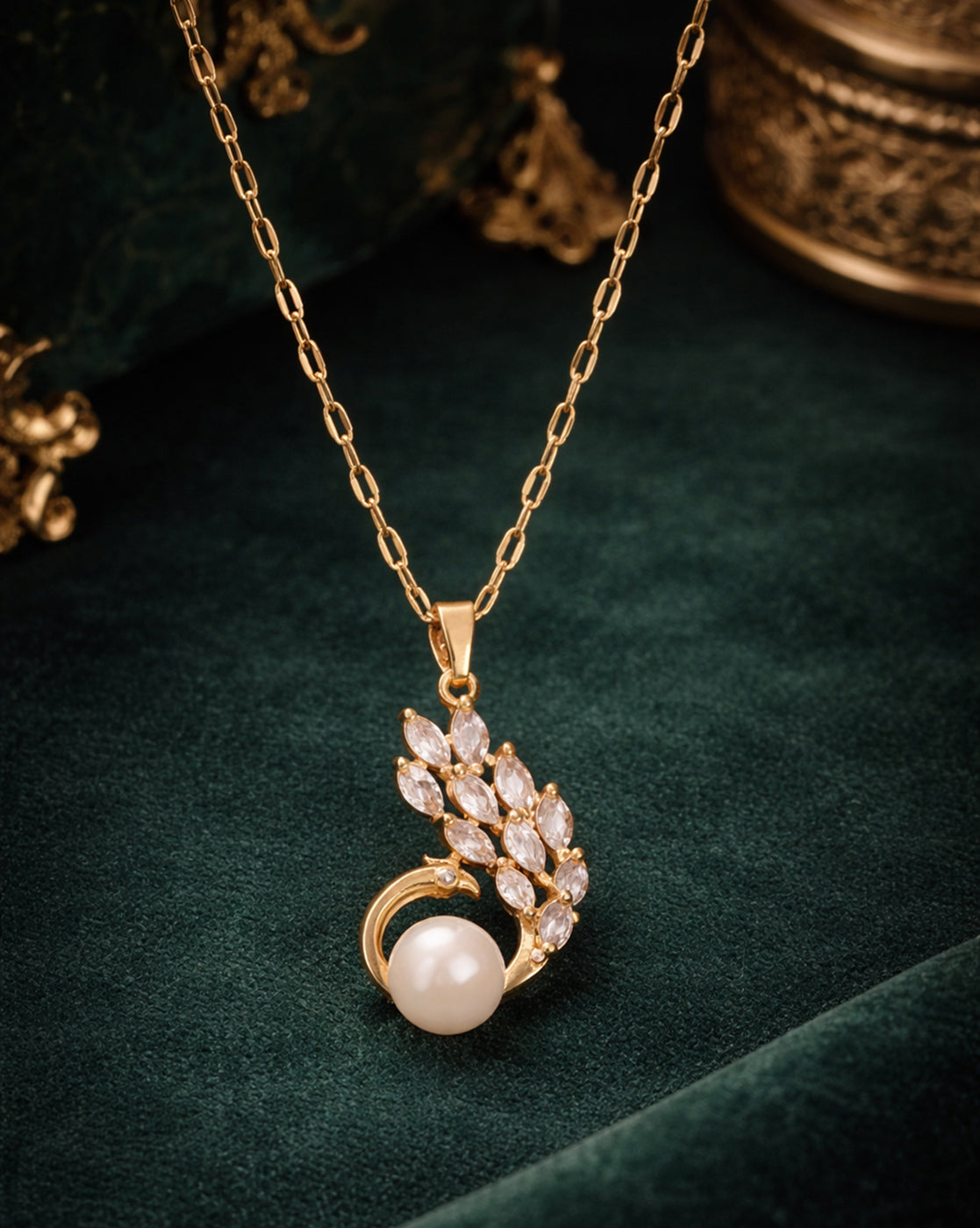 Gold-Plated CZ Pearl Leaf Charm Pendant and Chain