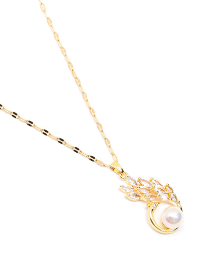 Gold-Plated CZ Pearl Leaf Charm Pendant and Chain