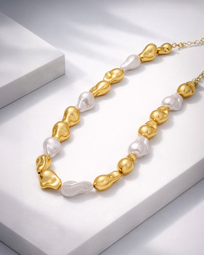 Gold-Plated Pearl Sculpt Statement Long Necklace