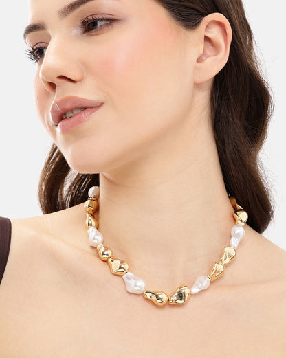 Gold-Plated Pearl Sculpt Statement Long Necklace