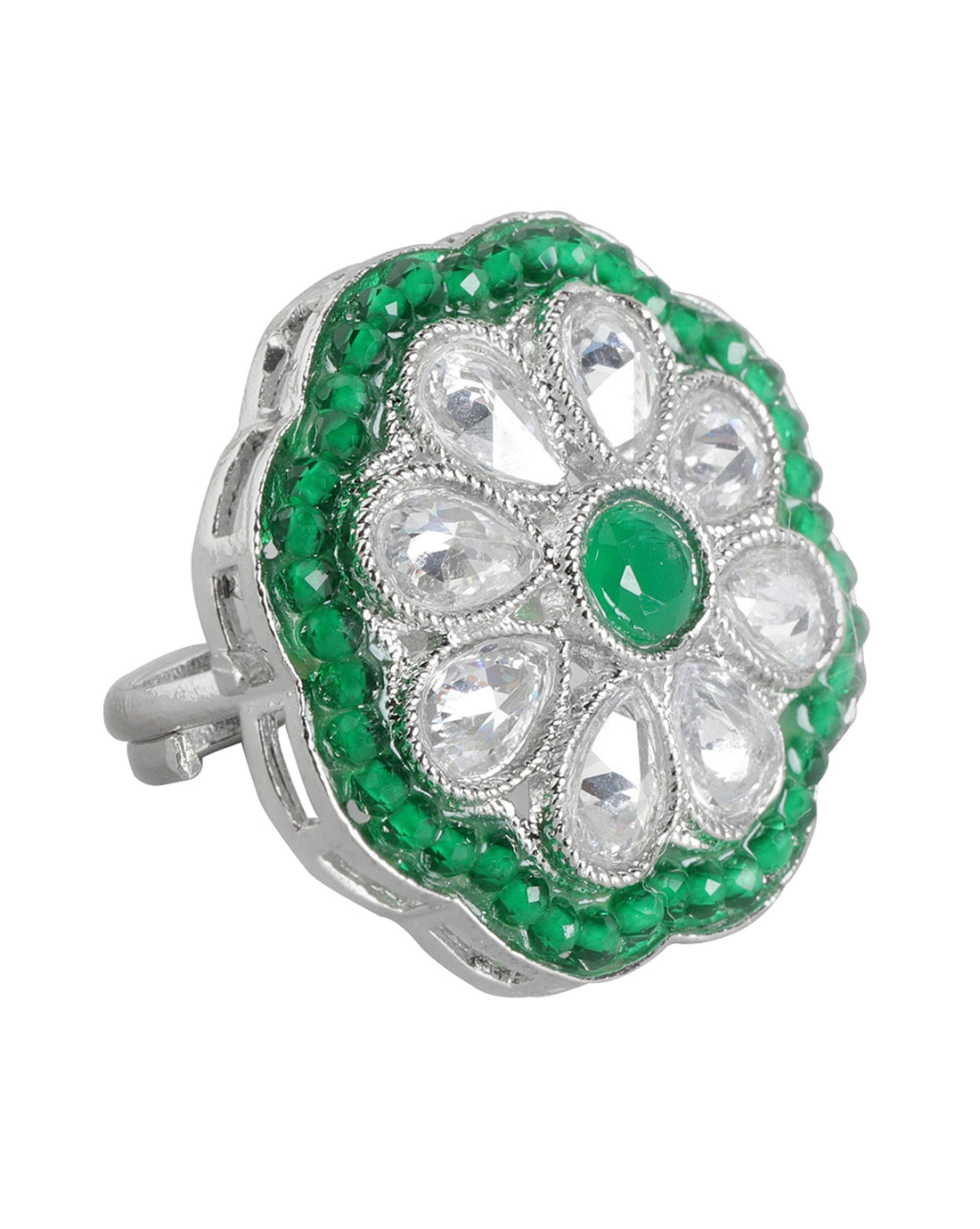 Silver Plated Kundan Adjustable Ring For Women