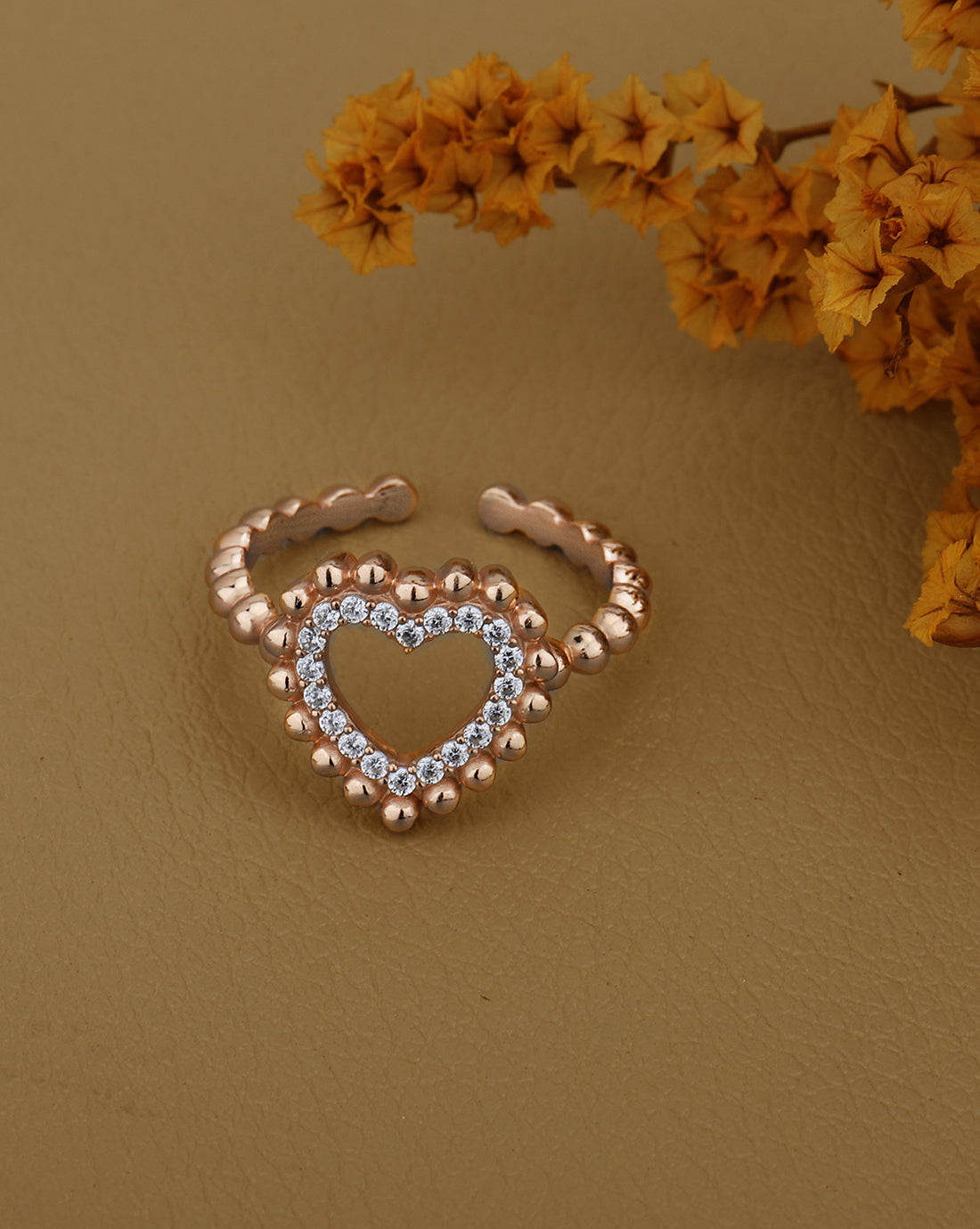 18kt Rose Gold Plated with CZ Heart Adjustable Finger Ring