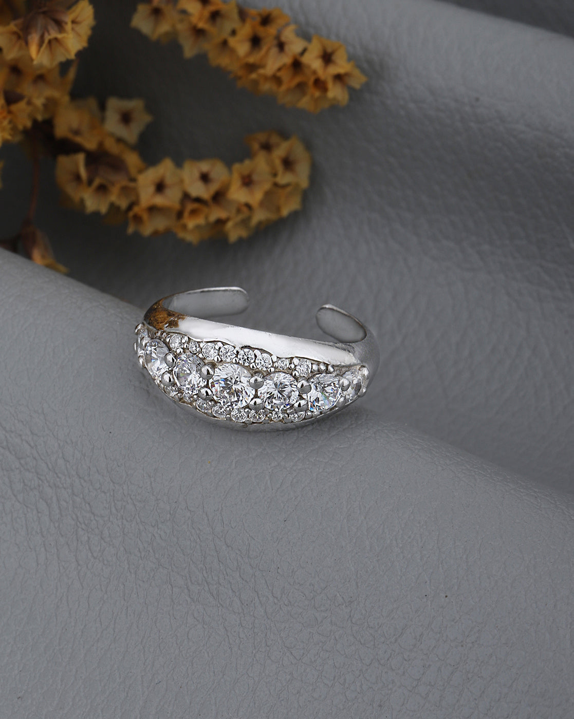 Rhodium Plated with CZ Contemporary Adjustable Finger Ring