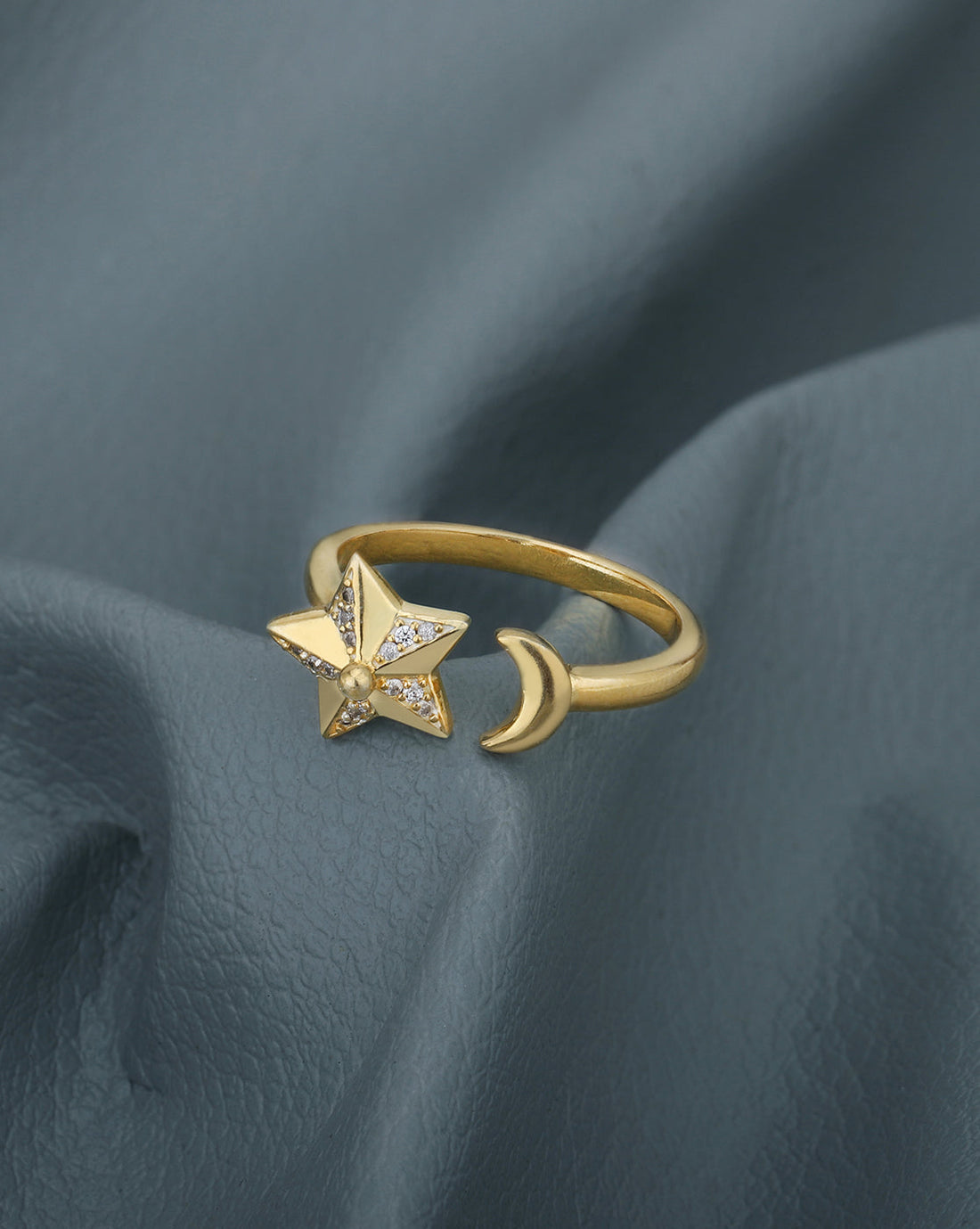 18kt Gold Plated with CZ Moon and Star Adjustable Finger Ring
