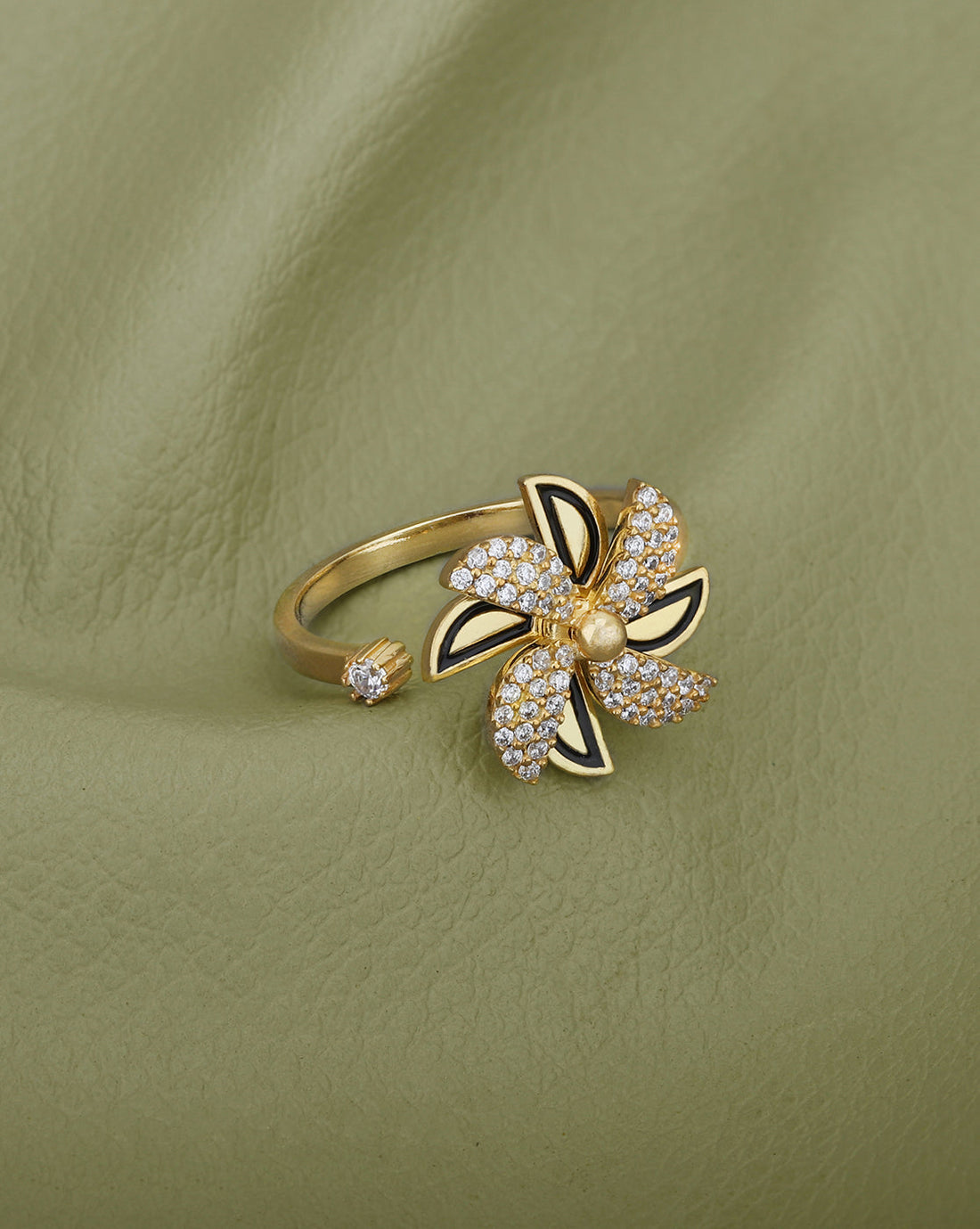 18kt Gold Plated & CZ Floral with Enamel Adjustable Finger Ring