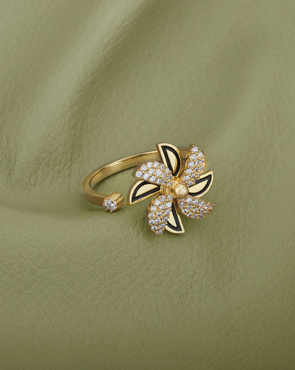 18kt Gold Plated &amp; CZ Floral with Enamel Adjustable Finger Ring