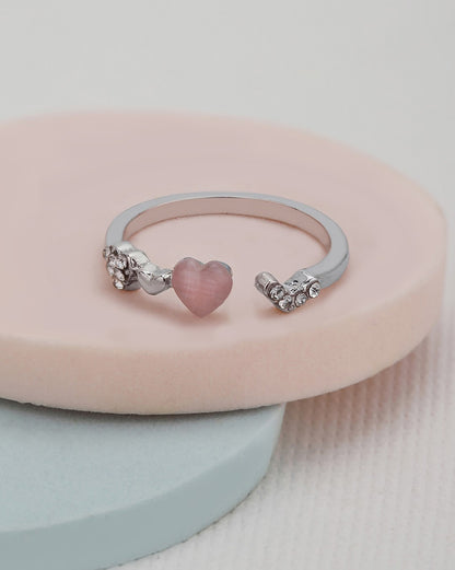 GenZ Silver Plated Pink CZ Heart Adjustable Ring
