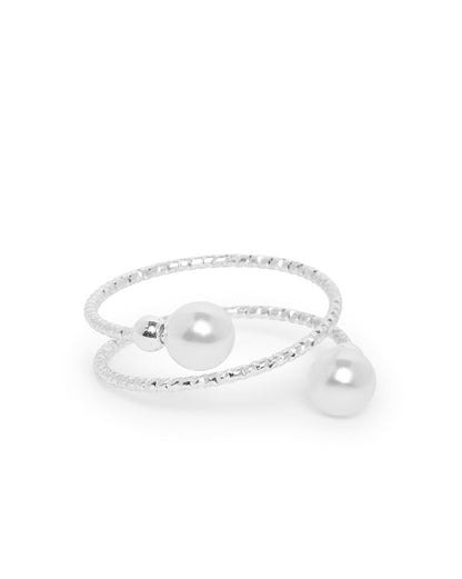 Silver Plated Double Band Pearl Adjustable Ring