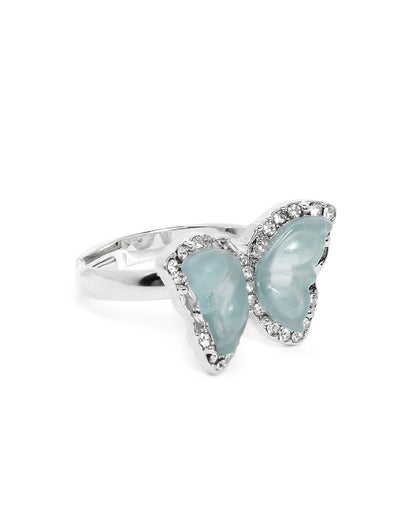 Silver Plated Glass Bead Butterfly Adjustable Ring