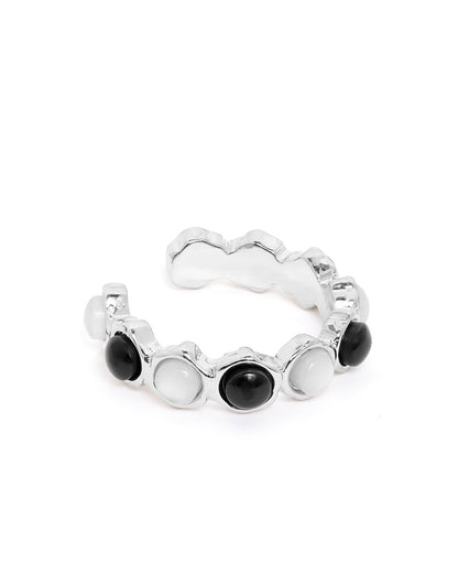 Silver Plated White and Black Fancy Bead Adjustable Band Ring