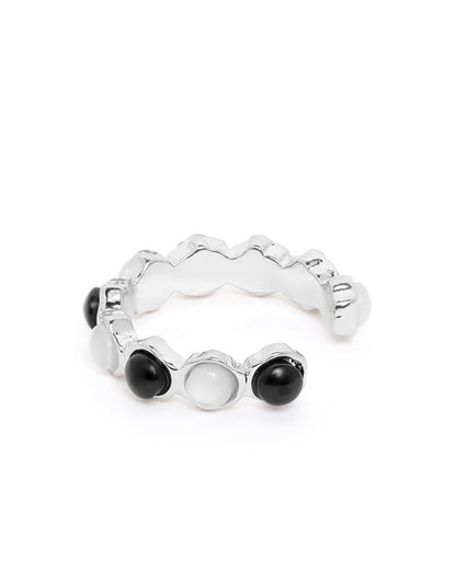 Silver Plated White and Black Fancy Bead Adjustable Band Ring