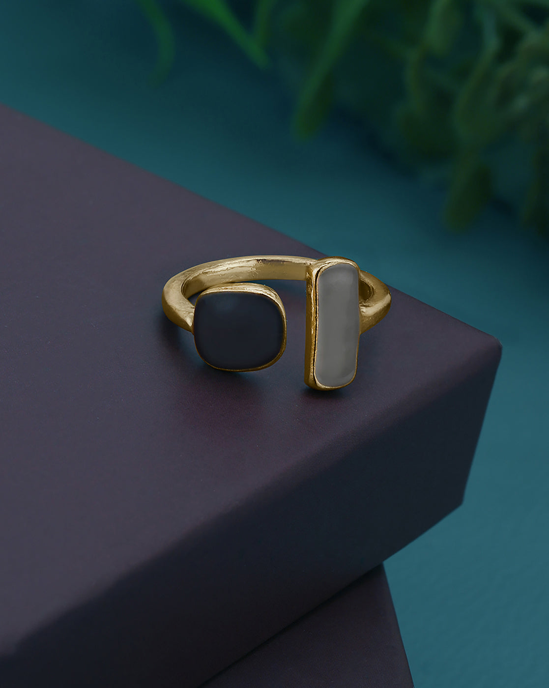 Gold Plated White and Blue Fancy Bead Adjustable Ring