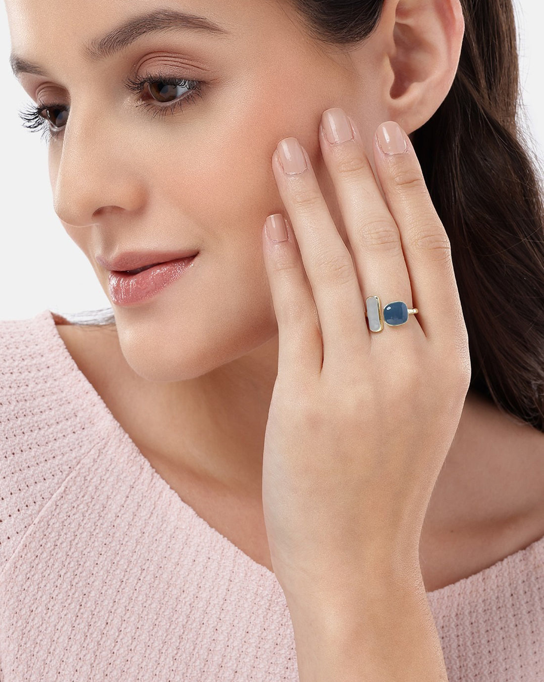 Gold Plated White and Blue Fancy Bead Adjustable Ring