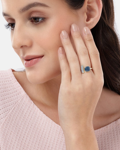 Gold Plated White and Blue Fancy Bead Adjustable Ring