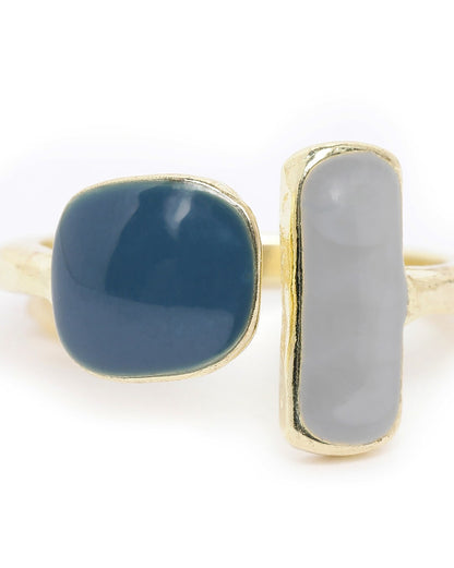 Gold Plated White and Blue Fancy Bead Adjustable Ring