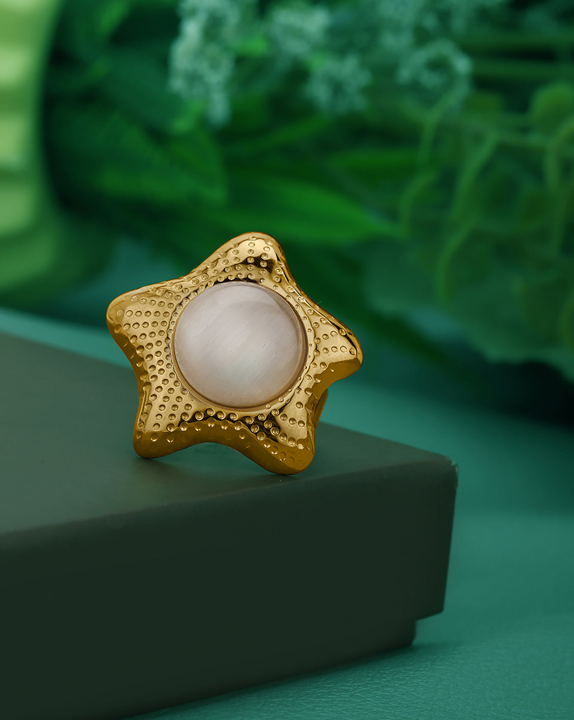 Gold Plated White Pearl Star Bold Adjustable Ring
