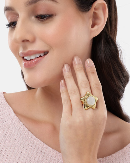 Gold Plated White Pearl Star Bold Adjustable Ring