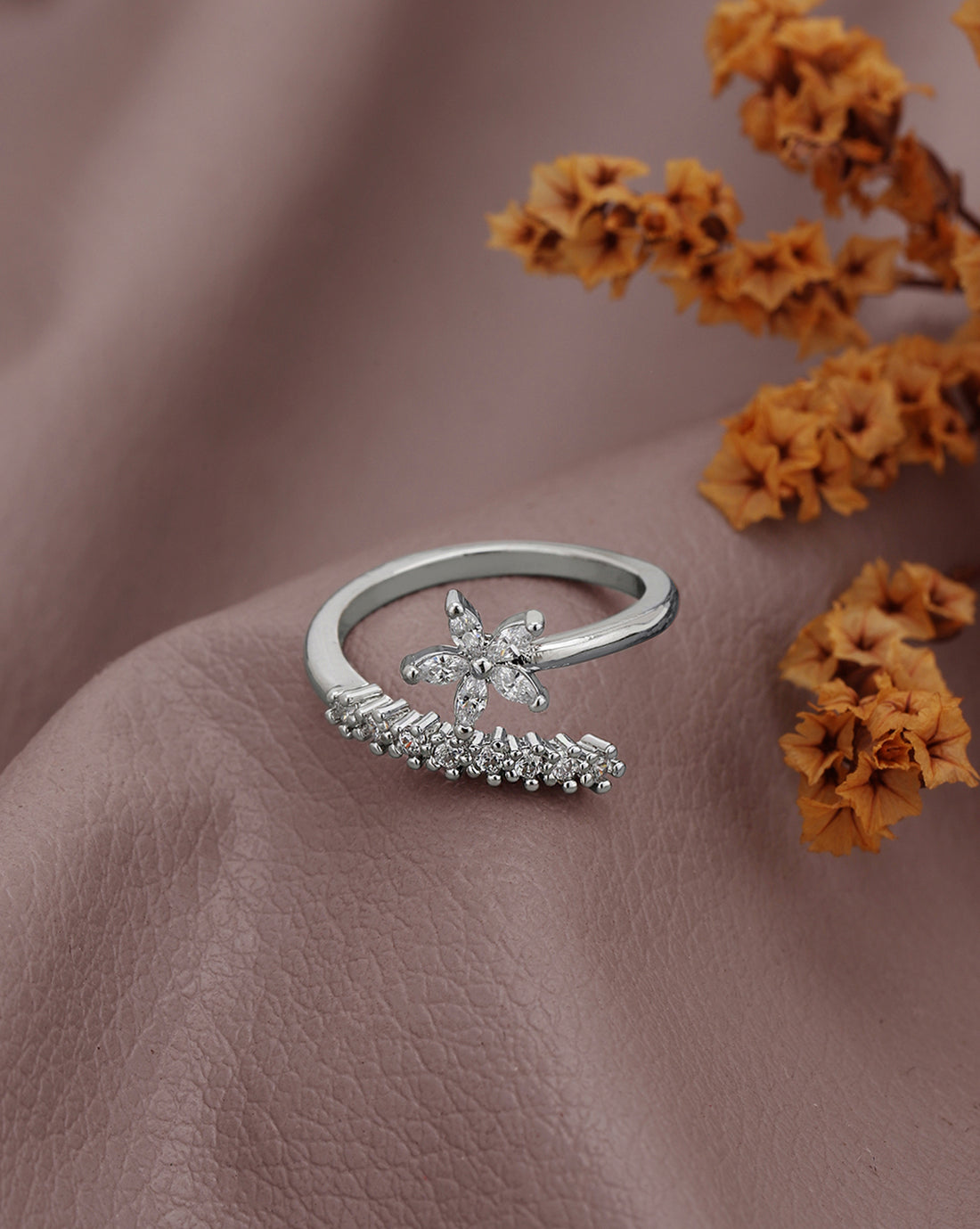 Silver Plated CZ Floral Adustable Ring