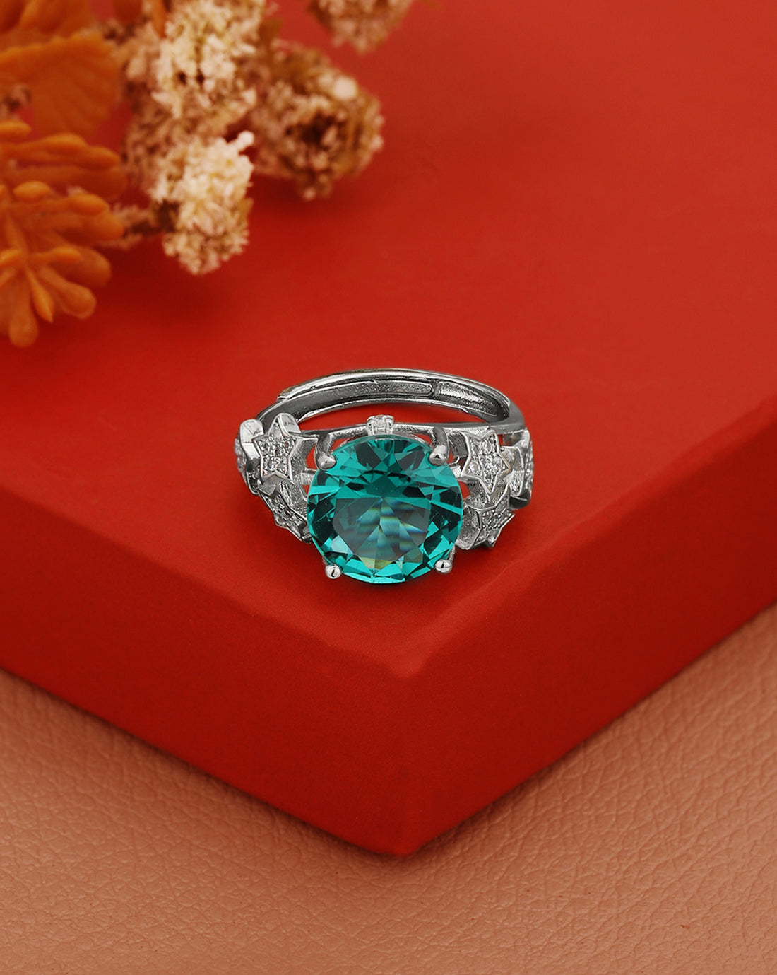 Silver Plated CZ Green Solitaire Adjustable Ring