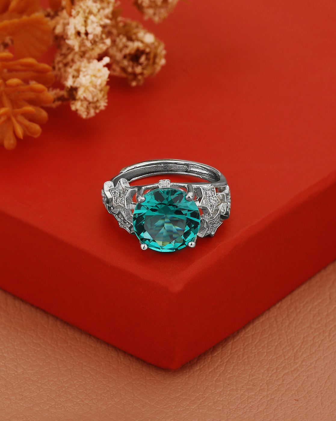 Silver Plated CZ Green Solitaire Adjustable Ring