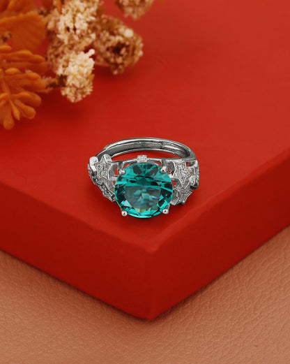 Silver Plated CZ Green Solitaire Adjustable Ring