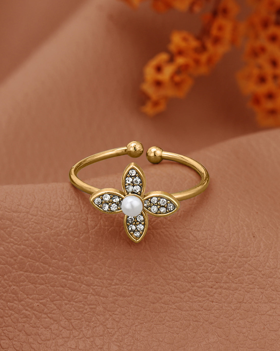 Gold Plated CZ White Pearl Floral Adjustable Ring