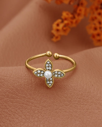 Gold Plated CZ White Pearl Floral Adjustable Ring