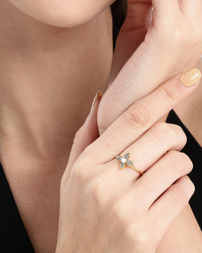 Gold Plated CZ White Pearl Floral Adjustable Ring