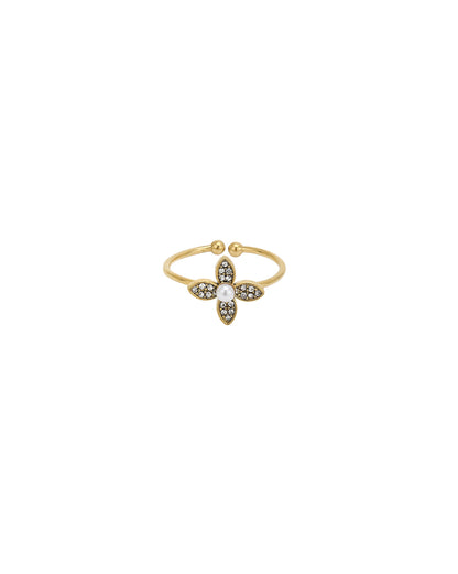 Gold Plated CZ White Pearl Floral Adjustable Ring