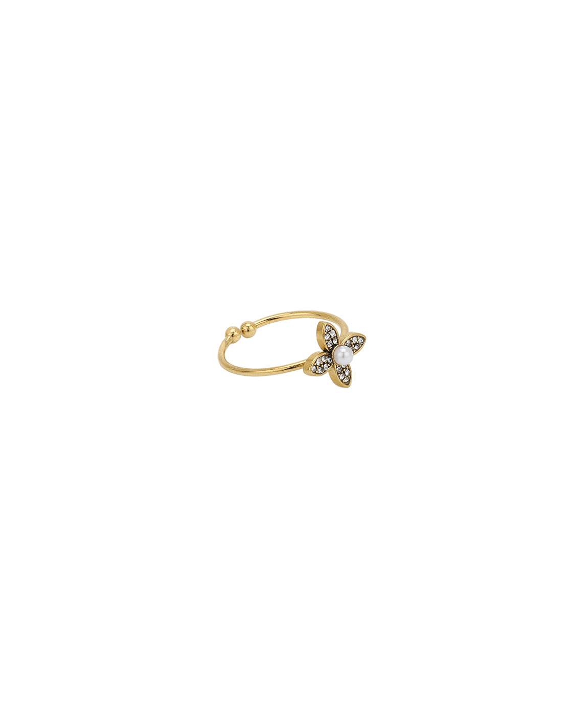 Gold Plated CZ White Pearl Floral Adjustable Ring