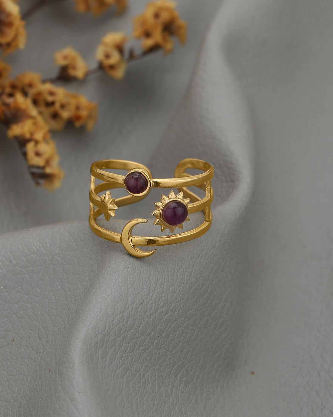 Gold Plated Multi Layered Blue Glass Bead Moon and Star Adjustable Ring